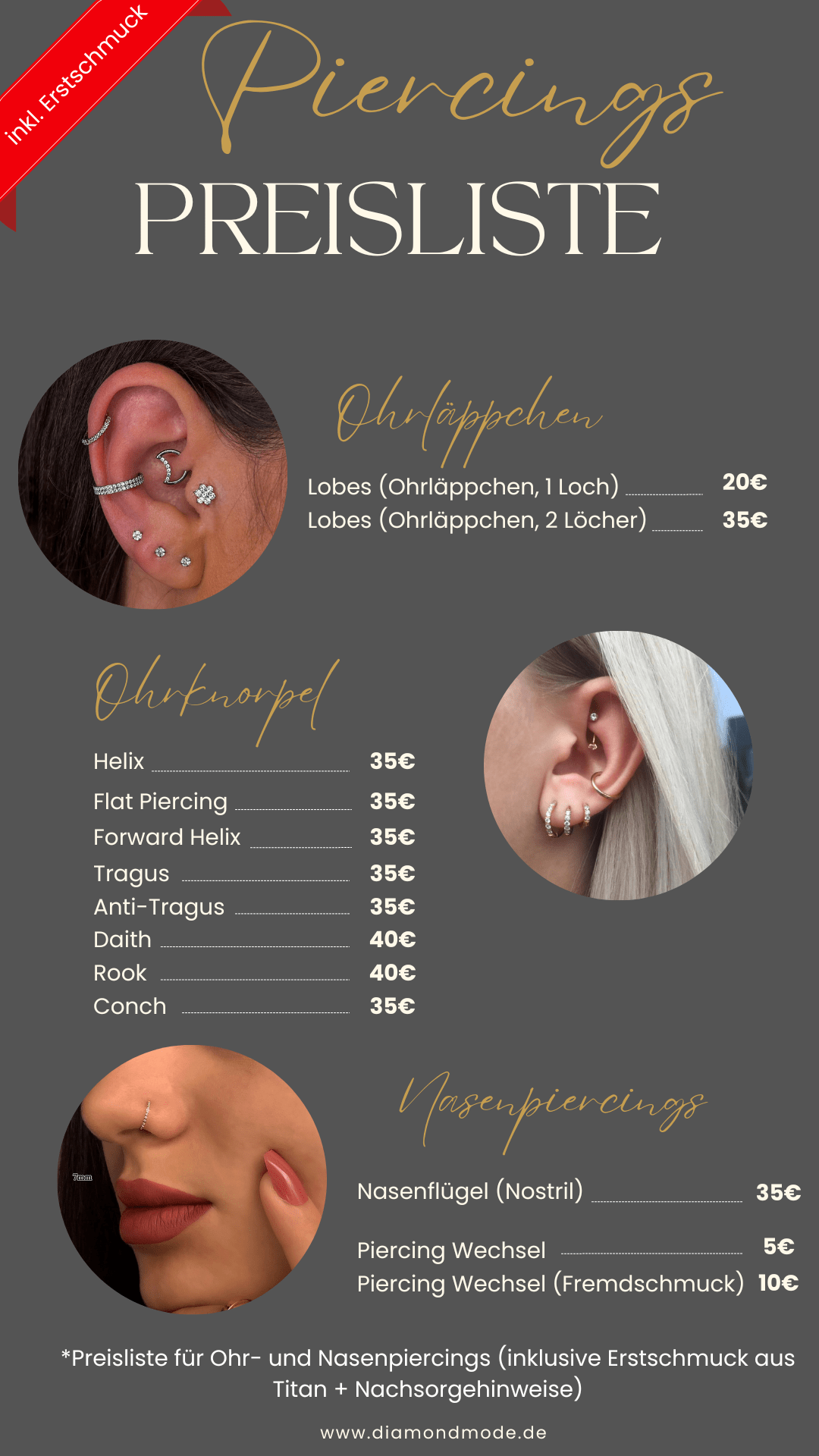 Preise Preisliste Studio Piercing stechen DIAMOND MODE