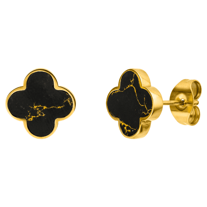 Black-Gold Clover Stud Earrings | 18K gold plated